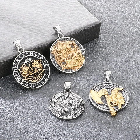 Nordische Mythologie Streitaxt Rabe Wolf Totem Anhänger Retro Punk Titanstahl Herren Halskette Schmuck Zubehör Runen Charm Geschenk