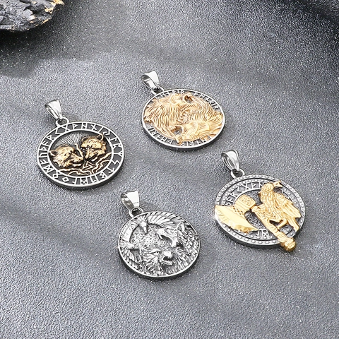 Nordische Mythologie Streitaxt Rabe Wolf Totem Anhänger Retro Punk Titanstahl Herren Halskette Schmuck Zubehör Runen Charm Geschenk