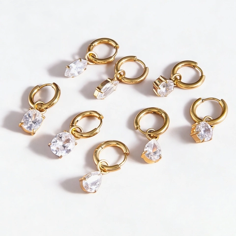 Luxury Gold Plated Stainless Steel Hoop Earrings With Zirconia For Women Minimalist Small Huggie Geometric Earrings Jewelry Gift
