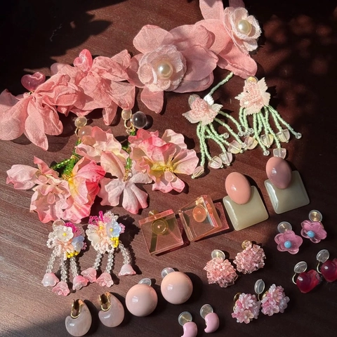 Pink Floral Crystal Tassel Earrings For Women Sweet Vacation Style Alloy Rhinestone Artificial Pearl Drop Earrings Jewelry