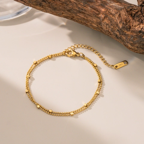 Bracelet Double Couche Perles Rondes Acier Inoxydable Plaqué Or 18K Minimaliste Charme Cube Bijoux Géométriques Pour Femmes