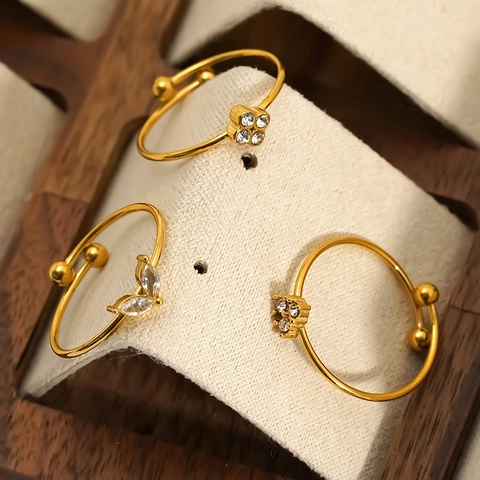 18K Gold Plated 304 Stainless Steel Adjustable Open Ring Women Inlaid Rhinestone Heart Clover Leaf Geometric Jewelry Gift
