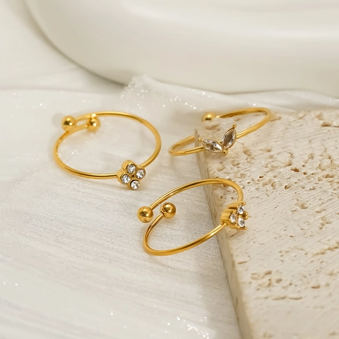 18K Gold Plated 304 Stainless Steel Adjustable Open Ring Women Inlaid Rhinestone Heart Clover Leaf Geometric Jewelry Gift