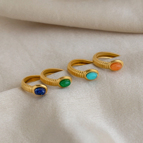 Retro Offener Ring 18K Vergoldeter Edelstahl Mit Edelsteinen Wasserdicht Hypoallergen Gerippte Textur Schmuck Für Damen