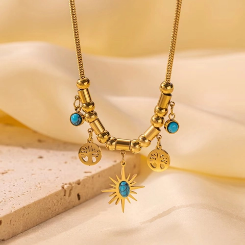 Vintage Böhmisch Titanstahl Halskette 18K Vergoldet Synthetischer Türkis Anhänger Lebensbaum Sonne Sternschliff Damen Schmuck