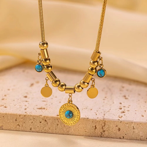 Vintage Böhmisch Titanstahl Halskette 18K Vergoldet Synthetischer Türkis Anhänger Lebensbaum Sonne Sternschliff Damen Schmuck