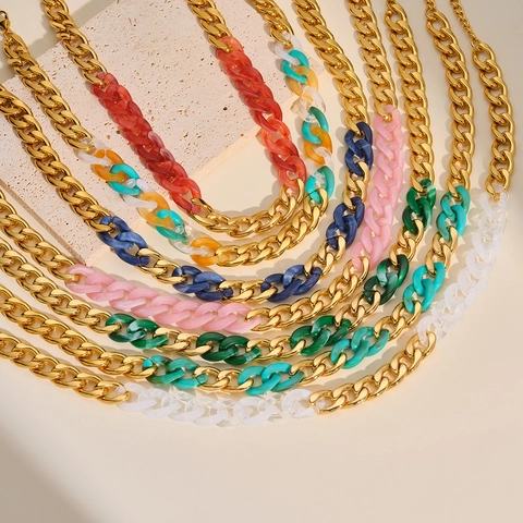 Stainless Steel Acrylic Dopamine Rainbow Chunky Chain Necklace And Bracelet For Women Fashion Colorful Patchwork Jewelry