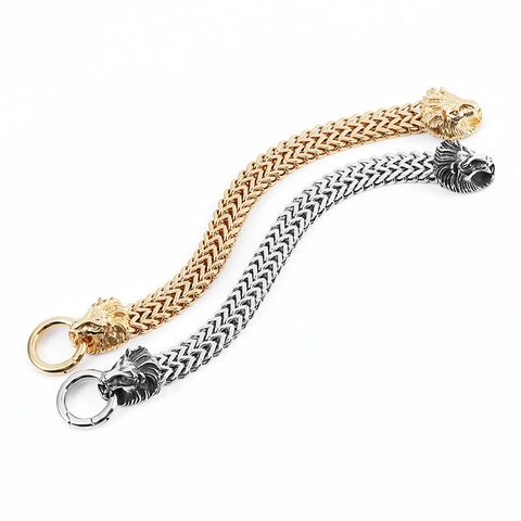 Vintage Stainless Steel Lion Skull Head Bracelet For Men Gothic Punk Biker Jewelry C-Shaped Open Link Chain Braid Wristband