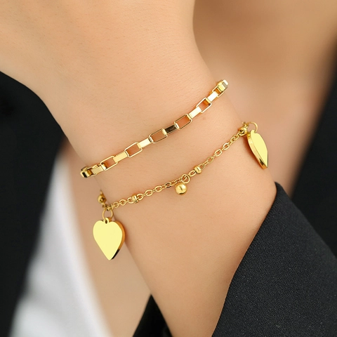 Dubbellaagse Roestvrijstalen Enkelband Armband Met Hart Voor Dames Goud Zilver Minimalistische Mode Sieraden Voet Accessoire