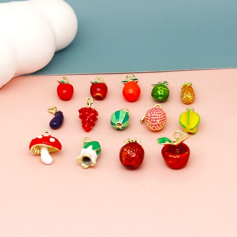 Simulation Fruit Vegetable Alloy Enamel Charms Pendants DIY Jewelry Making Accessories Cute 3D Strawberry Apple Mushroom Craft Supplies