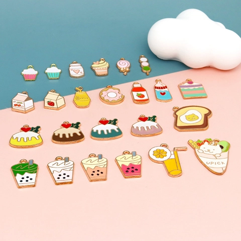 Alloy Enamel Food Charms Cartoon Dessert Cupcake Milk Tea Donut For DIY Jewelry Making Crafting Pendants