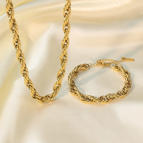Gold Plated Stainless Steel Chunky Rope Chain Jewelry Necklace And Bracelet For Women Adjustable Hip Hop Style