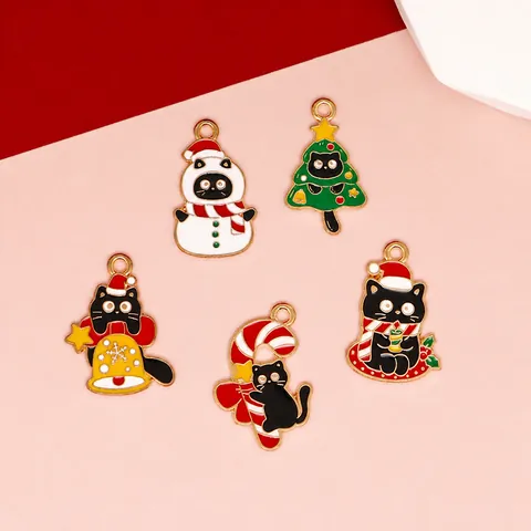 Kerst Zwarte Kat DIY Sieraden Hangers Zinklegering Emaille Bedeltjes Voor Kerstboom Sneeuwpop Zuurstok Oorbellen Ketting Decoratie Accessoires