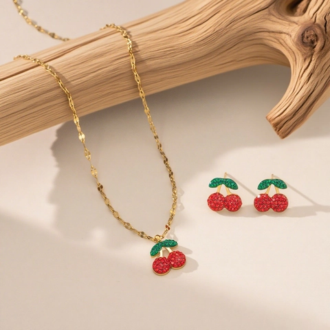 Women Titanium Steel Cherry Jewelry Set Red Green Rhinestone Necklace And Stud Earrings Gold Plated Fruit Fashion Jewelry