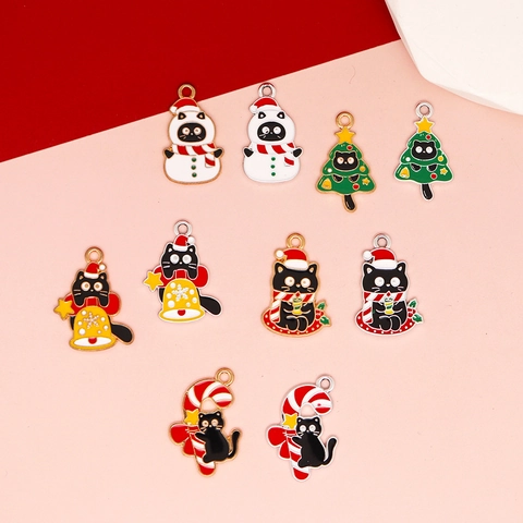 Kerst Zwarte Kat DIY Sieraden Hangers Zinklegering Emaille Bedeltjes Voor Kerstboom Sneeuwpop Zuurstok Oorbellen Ketting Decoratie Accessoires