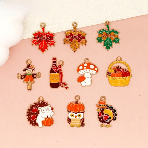 Cartoon Thanksgiving DIY Enamel Alloy Charms Autumn Turkey Maple Leaf Mushroom Pumpkin Basket Pendants For Necklace Bag Decoration