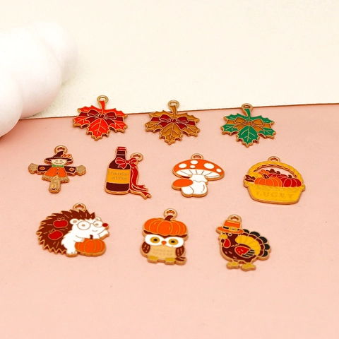 Cartoon Thanksgiving DIY Enamel Alloy Charms Autumn Turkey Maple Leaf Mushroom Pumpkin Basket Pendants For Necklace Bag Decoration