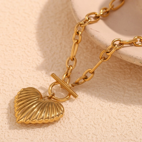 Heart Pendant Necklace 18K Gold Plated Stainless Steel Shell Texture OT Buckle Irregular Link Chain Fashion For Women