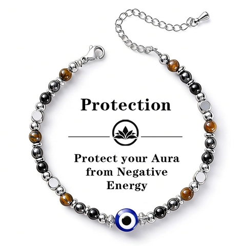 6mm Natural Tiger Eye Obsidian Hematite Triple Protection Bracelet Women Adjustable Stainless Steel Chain Healing Energy Yoga Meditation Jewelry Bracelet