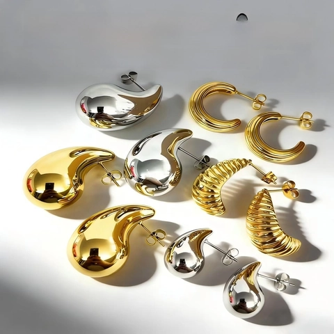 Stainless Steel Water Drop And Croissant Hoop Earrings 18K Gold Plated Twisted Ribbed Geometric Studs For Women