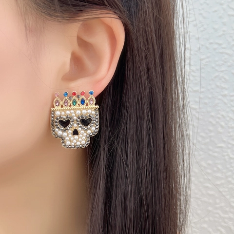 Pendientes Calavera Corona Aleación Strass Perlas Artificiales Artificiales Gótico Punk Retro Joyas Para Mujer Cristal Lujo
