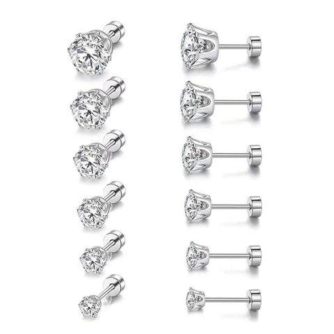 Stainless Steel Zirconia Stud Earrings Six Claw Crown 925 Sterling Silver Post Hypoallergenic For Women Men Jewelry Gift