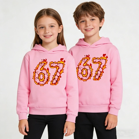 Kids Hoodie Polyester Fleece Pullover Long Sleeve Flame Number Sixty Seven Printed Casual Sporty For Boys And Girls