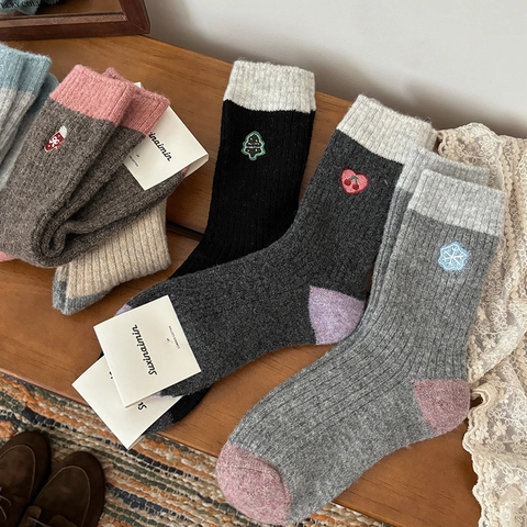 Calzini Crew In Mista Lana Caldi Invernali Da Donna Ricamo Vintage Natale Festivo Pupazzo Di Neve Albero Cotone Pettinato A Costine Spessi