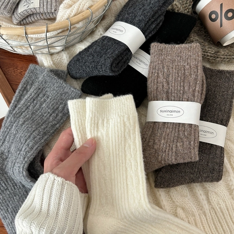 Damen Wollmischung Slouch Socken Dick Warm Winter Mittelhoch Gerippt Zopfmuster Einfarbig Japanischer Stil
