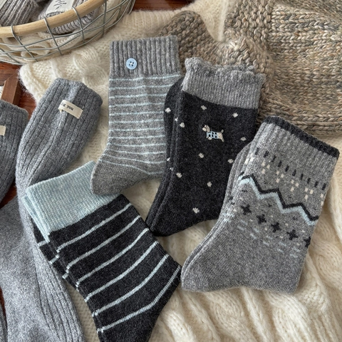 Calze Donna Lana Ispessite Calde Inverno Maglia Stile Giapponese Righe Pois Ricamo Animale Termiche
