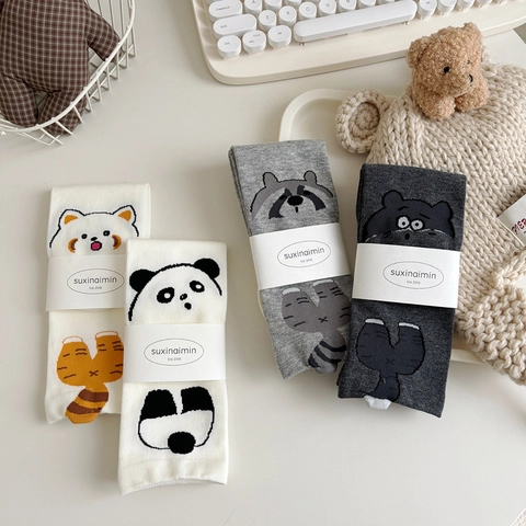 Kawaii Cartoon Tier Crew Socken Gekämmte Baumwolle Atmungsaktiv Weich Mittelhoch Harajuku Stil Damen