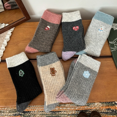 Calzini Crew In Mista Lana Caldi Invernali Da Donna Ricamo Vintage Natale Festivo Pupazzo Di Neve Albero Cotone Pettinato A Costine Spessi