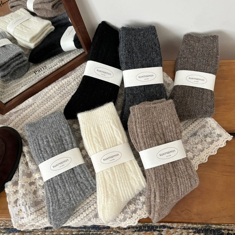 Damen Wollmischung Slouch Socken Dick Warm Winter Mittelhoch Gerippt Zopfmuster Einfarbig Japanischer Stil