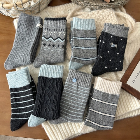 Calze Donna Lana Ispessite Calde Inverno Maglia Stile Giapponese Righe Pois Ricamo Animale Termiche