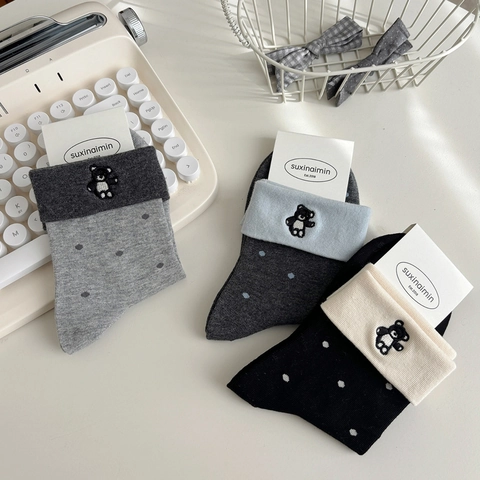 Women Cotton Blend Crew Socks With Bear Embroidery And Polka Dot Pattern Turnover Cuff Japanese Kawaii Style
