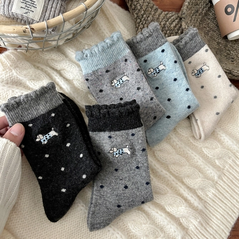 Calze Crew Da Donna Misto Lana Caldo Inverno Pois Ricamo Cane Bordo Arricciato Stile Giapponese Carino