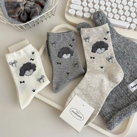 Damen Crew Socken Baumwollmischung Cartoon Hund Pudel Muster Schleife Knochen Pfotenabdrücke Kawaii Japanischer Stil