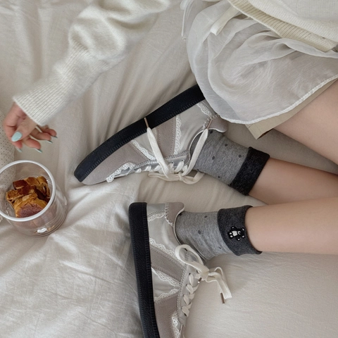 Women Cotton Blend Crew Socks With Bear Embroidery And Polka Dot Pattern Turnover Cuff Japanese Kawaii Style