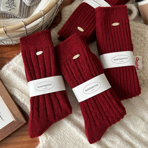 Women Christmas Wool Blend Knitted Socks Thick Thermal Winter Mid Calf Red New Year Style Metal Decorative Button