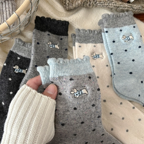 Calze Crew Da Donna Misto Lana Caldo Inverno Pois Ricamo Cane Bordo Arricciato Stile Giapponese Carino