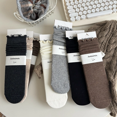 Dames Katoenen Mid Kuit Sokken Met Ruisrand Effen Kleur Ademend Zacht Ribgebreid Mode Slouch Hosiery