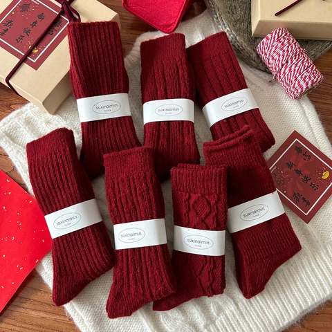 Damen Weihnachts Socken Dick Warm Wollmischung Winter Crew Wadenhoch Gestrickt Gerippt Festlich Glücklich Rot Retro
