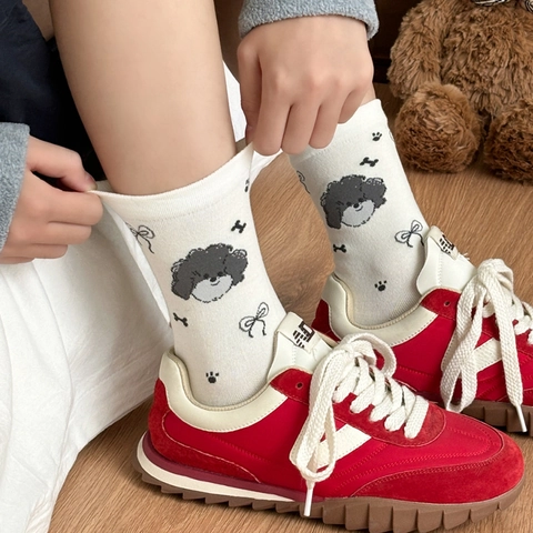 Damen Crew Socken Baumwollmischung Cartoon Hund Pudel Muster Schleife Knochen Pfotenabdrücke Kawaii Japanischer Stil