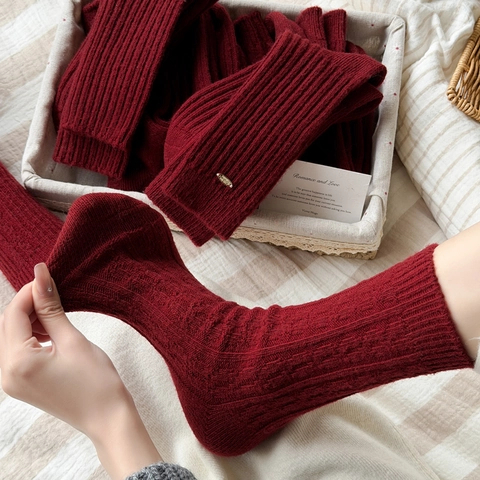 Damen Weihnachts Socken Dick Warm Wollmischung Winter Crew Wadenhoch Gestrickt Gerippt Festlich Glücklich Rot Retro
