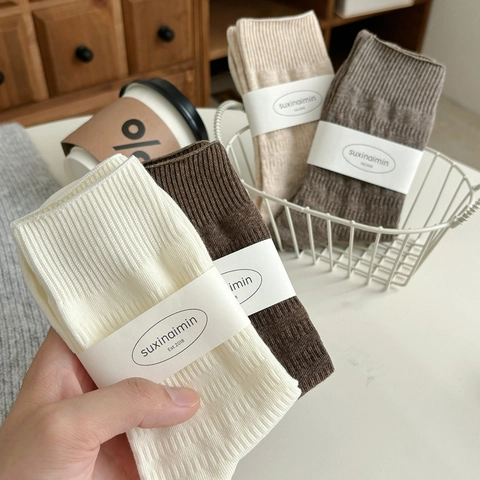 Ribbed Cotton Crew Socks For Women Solid Color Retro Slouchy Style Breathable Japanese Fashion Soft Mid Calf Hosiery