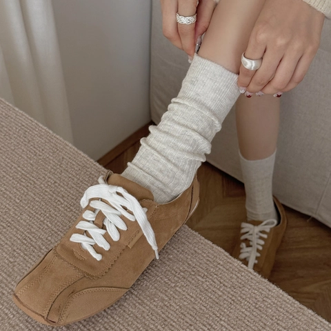 Ribbed Slouch Socks Women Cotton Breathable Mid Tube Solid Color Retro Japanese Style Casual Soft Knitted Leg Warmers