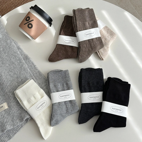 Ribbed Cotton Crew Socks For Women Solid Color Retro Slouchy Style Breathable Japanese Fashion Soft Mid Calf Hosiery