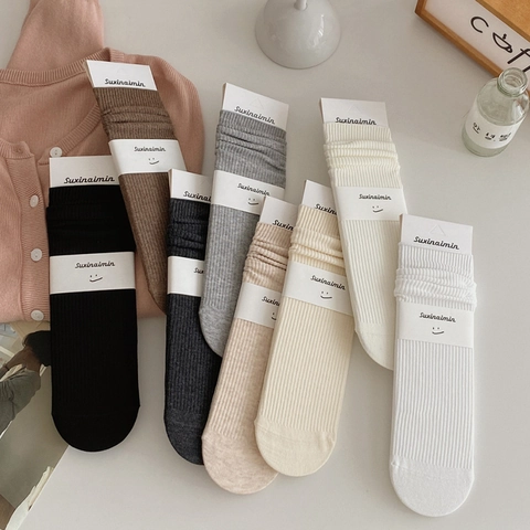 Calze Slouch A Costine Misto Cotone Traspirante Metà Polpaccio Tinta Unita Moda Calze Morbide Per Donna
