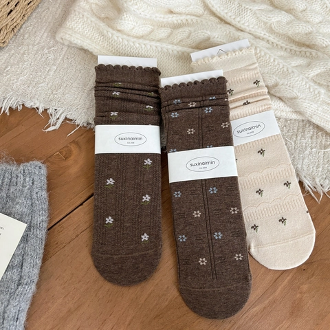 Damen Crew Socken Vintage Baumwolle Rüschenrand Stickerei Schleife Retro Mori Stil Atmungsaktiv Weich