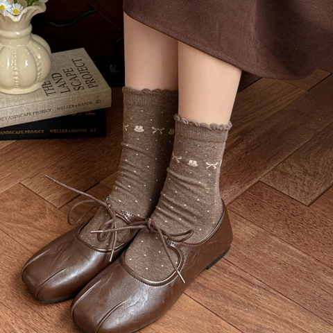 Damen Crew Socken Vintage Baumwolle Rüschenrand Stickerei Schleife Retro Mori Stil Atmungsaktiv Weich